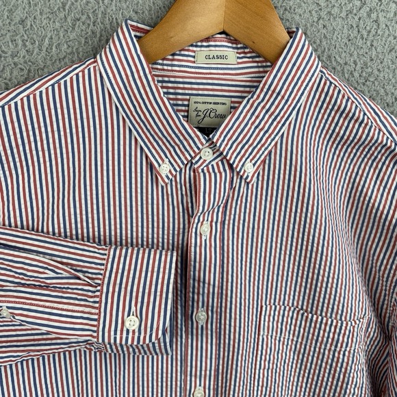 J. Crew Other - J Crew Shirt Mens LT Red White Blue Seersucker Striped Classic Fit Button Down